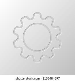 Simple gear symbol, Linear icon with thin outline. Paper design. Cutted symbol. Pitted style