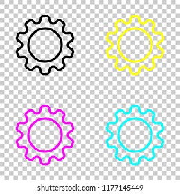 Simple gear symbol, Linear icon with thin outline. Colored set of cmyk icons on transparent background