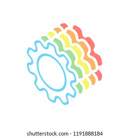 Simple gear symbol, Linear icon with thin outline. Stack of colorful isometric icons on white background