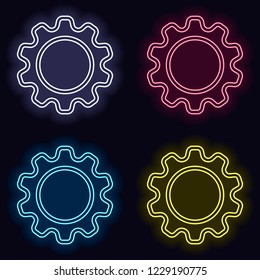 Simple gear symbol, Linear icon with thin outline. Set of neon sign. Casino style on dark background. Seamless pattern