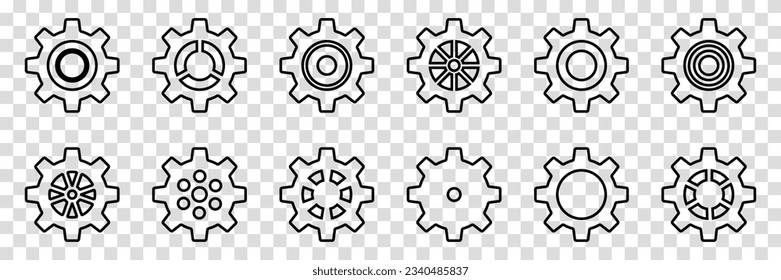 Simple Gear wheel collection. Cogwheel. Gears icon outline set. Setting gears icon. Machine gear icon vector set. Gear icons. Different style icons set. Vector illustration on a transparent background