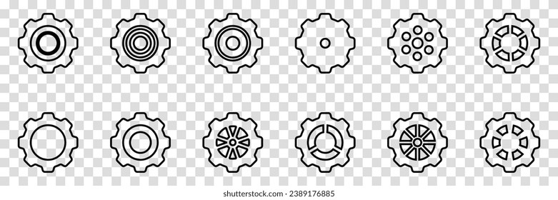 Simple Gear wheel collection. Cogwheel. Gears icon outline set. Setting gears icon. Machine gear icon vector set. Gear icons. Different style icons set. Vector illustration on a transparent background