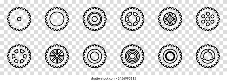 Colección sencilla de la rueda dentada. Rueda giratoria. Conjunto de contornos de iconos de engranajes. Ajuste de engranajes icono. Conjunto de Vector de ícono de engranaje de máquina. Iconos de engranajes. Diferentes iconos de estilo establecidos. Ilustración vectorial sobre fondo transparente