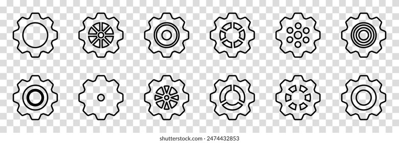 Simple Gear wheel collection. Cogwheel. Gears icon outline set. Setting gears icon. Machine gear icon vector set. Gear icons. Different style icons set. Vector illustration on a transparent background