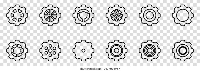 Simple Gear wheel collection. Cogwheel. Gears icon outline set. Setting gears icon. Machine gear icon vector set. Gear icons. Different style icons set. Vector illustration on a transparent background