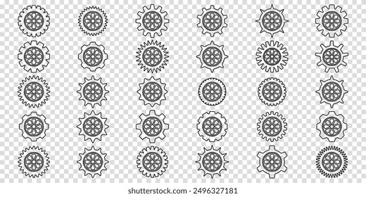 Simple Gear wheel collection. Cogwheel. Gears icon outline set. Setting gears icon. Machine gear icon vector set. Gear icons. Different style icons set. Vector illustration on a transparent background