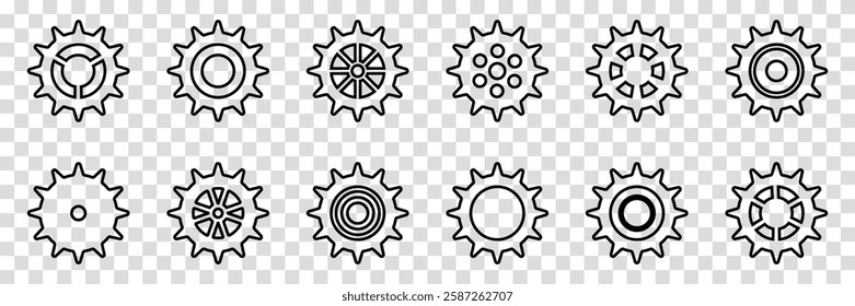 Simple Gear wheel collection. Cogwheel. Gears icon outline set. Setting gears icon. Machine gear icon vector set. Gear icons. Different style icons set. Vector illustration on a transparent background