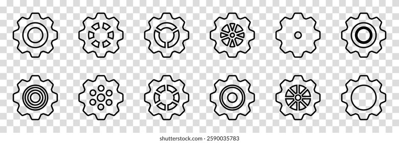 Simple Gear wheel collection. Cogwheel. Gears icon outline set. Setting gears icon. Machine gear icon vector set. Gear icons. Different style icons set. Vector illustration on a transparent background