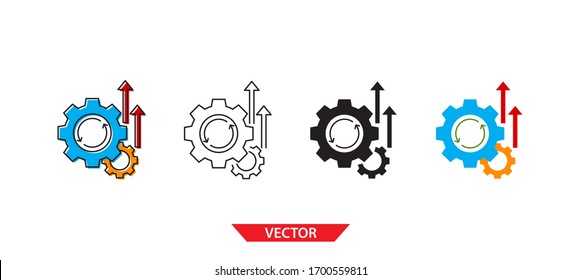 Simple gears and arrow icon on white background 4 types such as outline, black, color, outline and color. Vector illustration.