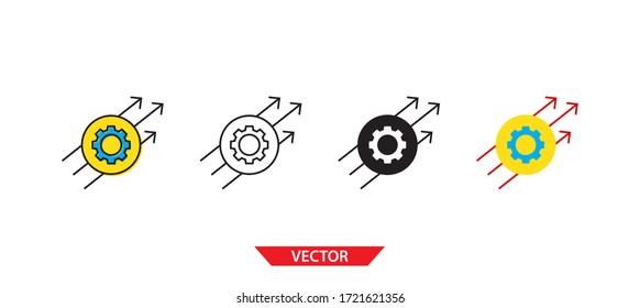 Sencillos engranajes e iconos de flecha sobre fondo blanco 4 tipos como contorno, negro, color, contorno y color. Ilustración vectorial.
