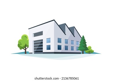 Simple general production industry factory exterior. Power station plant manufacture. Isolated vector illustration on white background. 