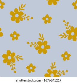 Simple gentle beautiful floral vector seamless pattern. Hand drawing silhouette of golden yellow flowers, leaves, berries on a light blue background. For printing on fabric, textile products.