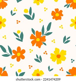 Simple gentle calm floral vector seamless pattern. Yellow orange flowers, green leaves on a light pink background. For fabric prints, textile products, clothing.