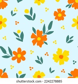 Simple gentle calm floral vector seamless pattern. Yellow orange flowers, green leaves on a light blue background. For fabric prints, textile products, clothing.