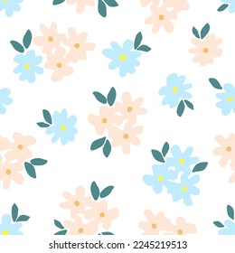 Simple gentle calm floral vector seamless pattern in pastel colors. Blue, pink flowers, leaves on a white background. For fabric prints, textiles.