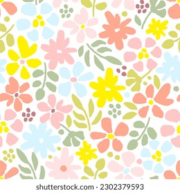 Simple suave y sereno vector floral sin fisuras. Flores multicolores, hojas verdes sobre un fondo blanco. Para impresiones de tela, textiles. Colección primavera-verano.