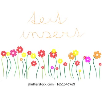 Sencillo fondo colorido de flores naranjas, amarillas, rosas y rojas sobre tallo verde. Es adecuado para insertar texto. Ilustración vectorial. 