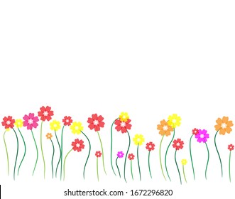 Simple gentle colorful background made of orange, yellow, pink and red flowers on green stem. Suitable for text insert. Vector illustration. 