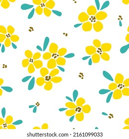 Simple gentle floral vector seamless pattern. Yellow flowers, blue green leaves on a white background. For fabric prints, textiles, clothes. Spring-summer collection.