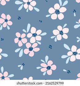 Simple gentle floral vector seamless pattern. Light pink flowers, leaves on a dark blue gray background. For fabric prints, textiles, clothes. Spring-summer collection.
