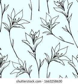 Simple gentle hand-drawn vector seamless floral pattern. Doodle flowers lilies, snowdrops black outline on a light blue background. For fabric design, wallpaper, bedding, clothes.