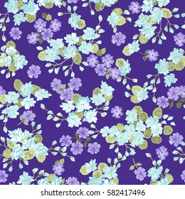 Simple gentle pattern in flower. Millefleurs. Liberty style. Floral seamless dark blue background for textile or book covers, manufacturing, wallpapers, print, gift wrap and scrapbooking.