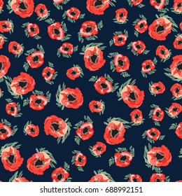 Simple gentle pattern in small-scale poppy flower. Millefleurs. Country style. Floral seamless background for textile or book covers, manufacturing, wallpapers, print, gift wrap and scrapbooking.