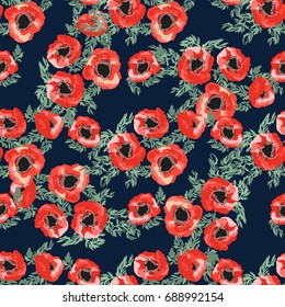 Simple gentle pattern in small-scale poppy flower. Millefleurs. Country style. Floral seamless background for textile or book covers, manufacturing, wallpapers, print, gift wrap and scrapbooking.