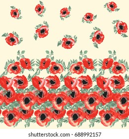 Simple gentle pattern in small-scale poppy flower. Millefleurs. Country style. Floral seamless background for textile or book covers, manufacturing, wallpapers, print, gift wrap and scrapbooking.