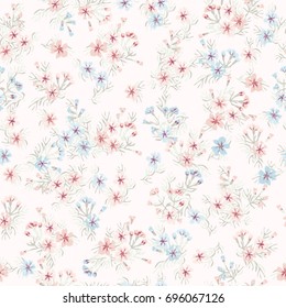 Simple gentle pattern in small-scale prairie flower. Millefleurs. Liberty style. Floral seamless background for textile or book covers, manufacturing, wallpapers, print, gift wrap and scrapbooking.