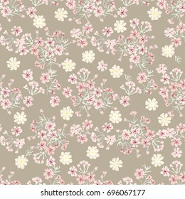 Simple gentle pattern in small-scale prairie flower. Millefleurs. Liberty style. Floral seamless background for textile or book covers, manufacturing, wallpapers, print, gift wrap and scrapbooking.