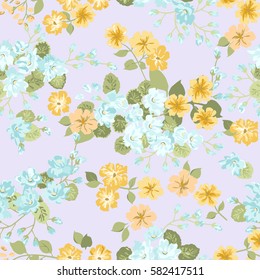 Simple gentle pattern in yellow and blue flower. Millefleurs. Liberty style. Floral seamless background for textile or book covers, manufacturing, wallpapers, print, gift wrap and scrapbooking.