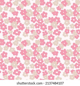 Simple gently arrangement of small flower heads. Seamless pattern, romantic botanical print with pink sketch flowers on a white background. Trendy floral cover with a simple design. Vector.