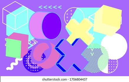 Simple geometic 3D elements in bauhaus neo-memphis retro style, colored in punchy pastel color scheme. Abstract geometric background for poster, cover, print.