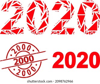 Simple geometric 2020 year digits mosaic and 2000 grunge seal. Red seal contains 2000 title inside circle and lines form. Vector 2020 year digits icon collage is combined with randomized triangles,