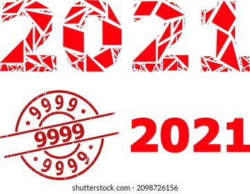 Mosaico geométrico simple de 2021 años y estampado corroido de 9999. El sello rojo contiene 9999 subtítulos en forma de redondeo y líneas.