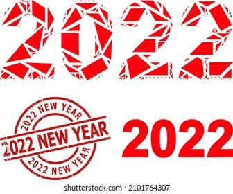 Mosaico geométrico simple de 2022 años de dígitos y sello corroído de Año Nuevo 2022. El sello rojo incluye la leyenda de Año Nuevo 2022 dentro del círculo y la plantilla de líneas.