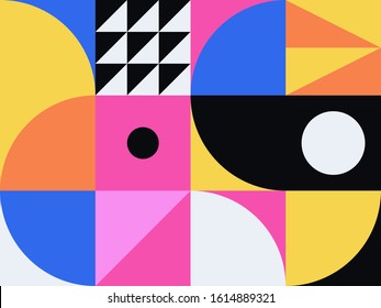 Simple geometric abstract vector pattern with simple shape and bright neon colors. Geometric graphics composition, best use in web design, business card, invitation, poster, textile print, background.