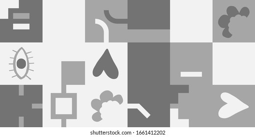 Simple geometric abstract vector pattern with simple shapes and monochrome colors. Geometric graphics composition, best use in web design, business card, invitation, poster, textile print, background.