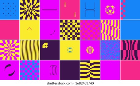 Simple geometric abstract vector pattern with simple shape and bright neon colors. Geometric graphics composition, best use in web design, business card, invitation, poster, textile print, background.