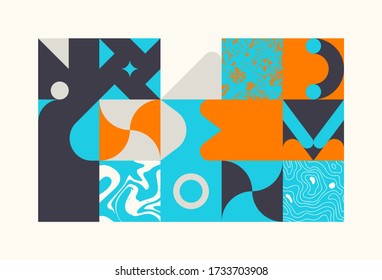 Simple geometric abstract vector pattern with simple shape and bright neon colors. Geometric graphics composition, best use in web design, business card, invitation, poster, textile print, background.