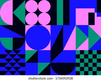 Simple geometric abstract vector pattern with simple shape and bright neon colors. Geometric graphics composition, best use in web design, business card, invitation, poster, textile print, background.