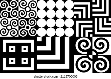 Simple geometric abstract vector pattern with simple shapes and monochrome colors. Geometric graphics composition, best use in web design, business card, banner, poster, textile print, background.