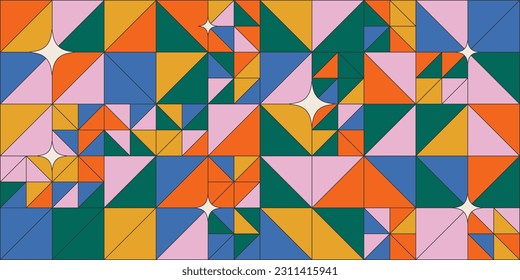 Simple geometric abstract vector pattern with different shapes, stars and rainbow colors. Horizontal backdrop on groovy funky style. Cool graphics composition for web design, business card, banner.