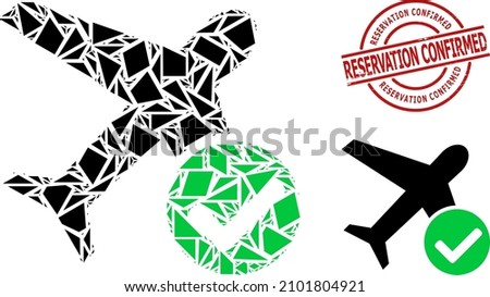 Simple geometric accept airplane mosaic and Reservation Confirmed unclean stamp seal. Red seal has Reservation Confirmed title inside round and lines template.