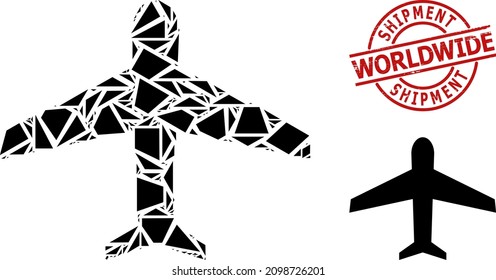 Simple geometric airplane mosaic and Shipment Worldwide grunge stamp imitation. Red stamp contains Shipment Worldwide text inside circle and lines template.