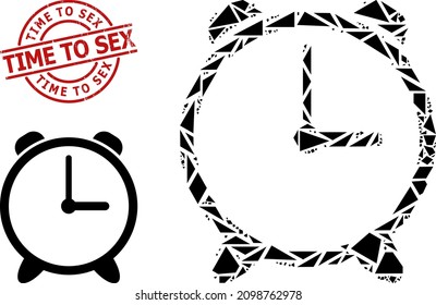 Einfache geometrische Wecker-Mosaik und Time to Sex grunge Stempeldichtung. Rote Stempelrobbe hat TIME TO SEX Bildunterschrift im Kreis und Zeilenform.