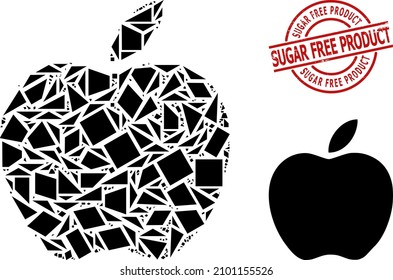 Simple Geometric Apple Mosaic And Sugar Free Product Dirty Stamp Print. Red Stamp Has SUGAR FREE PRODUCT Title Inside Round And Lines Form. Vector Apple Icon Collage Combined From Random Triangles,