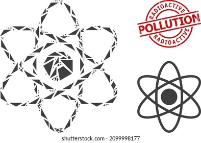 Mosaico geométrico simple de átomos y sello impuro de contaminación radiactiva. El sello rojo tiene un título de CONTAMINACIÓN RADIOACTIVA dentro de la plantilla de redondeo y líneas.