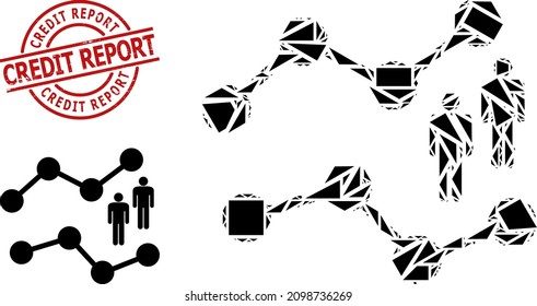 Simple geometric audience charts mosaic and Credit Report scratched stamp seal. Red stamp seal contains Credit Report tag inside circle and lines template.